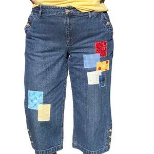 Patchwork Capris Jean Shorts: Upcycled Denim Spring Summer Picnic Pants, Size 8